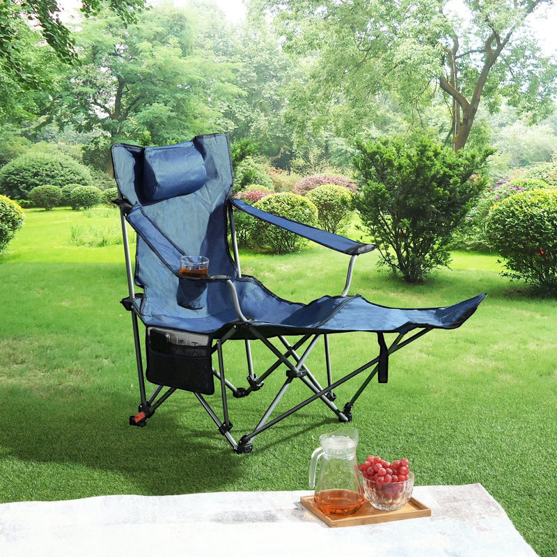 Outdoor Camping Chair With 3 Level Reclining, Side Pockets & Cup Holder, Folding With Carry Bag - Dark Blue by HouseOfZazla