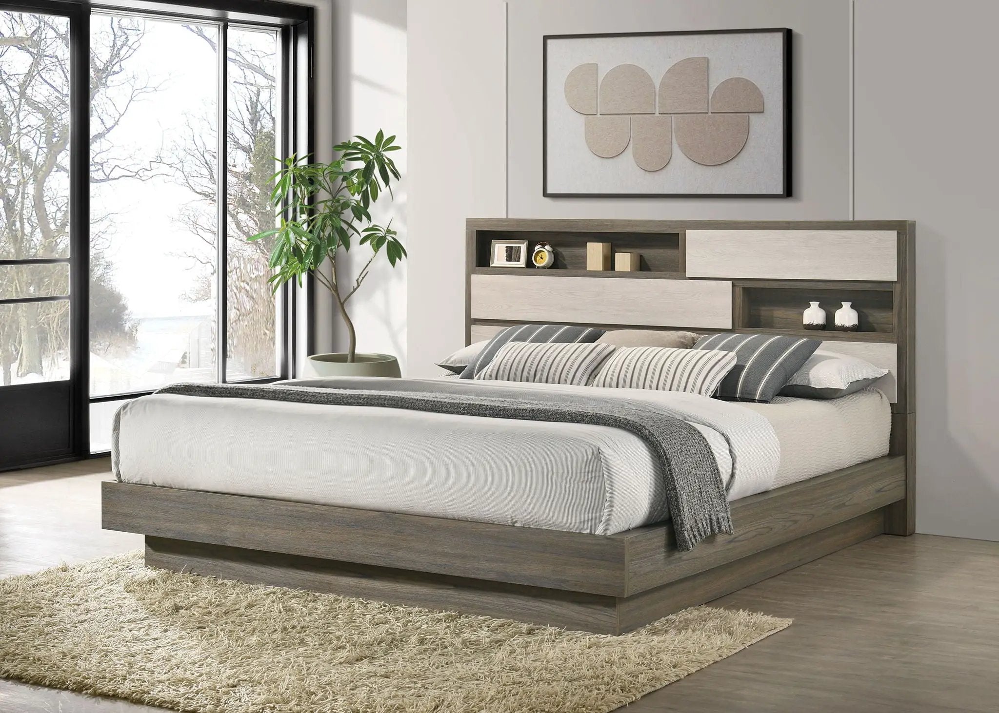 Fenwick California King Bed Bookcase Headboard Grey Oak by Unique Piece Furniture