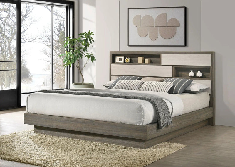 Fenwick California King Bed Bookcase Headboard Grey Oak by Unique Piece Furniture