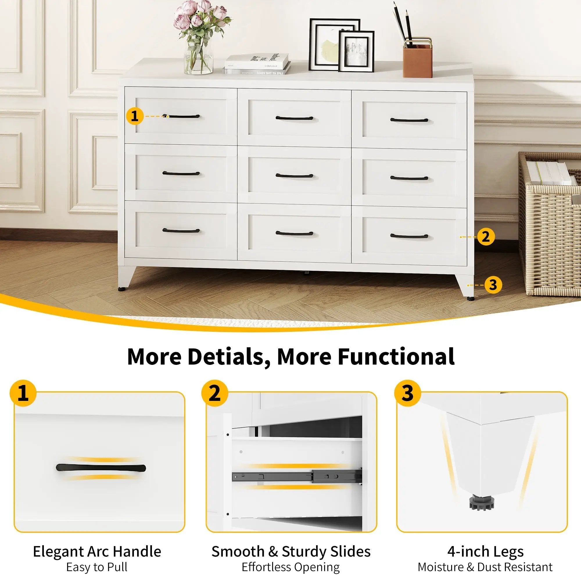 9 Drawer White Metal Dresser with Quiet-Glide Rails by HouseOfZazla