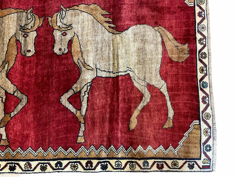 4 X 6 Handmade Hand-Knotted New Vintage Rug Wool Horses Red Organic Dyes Tribal by Jewel Rugs