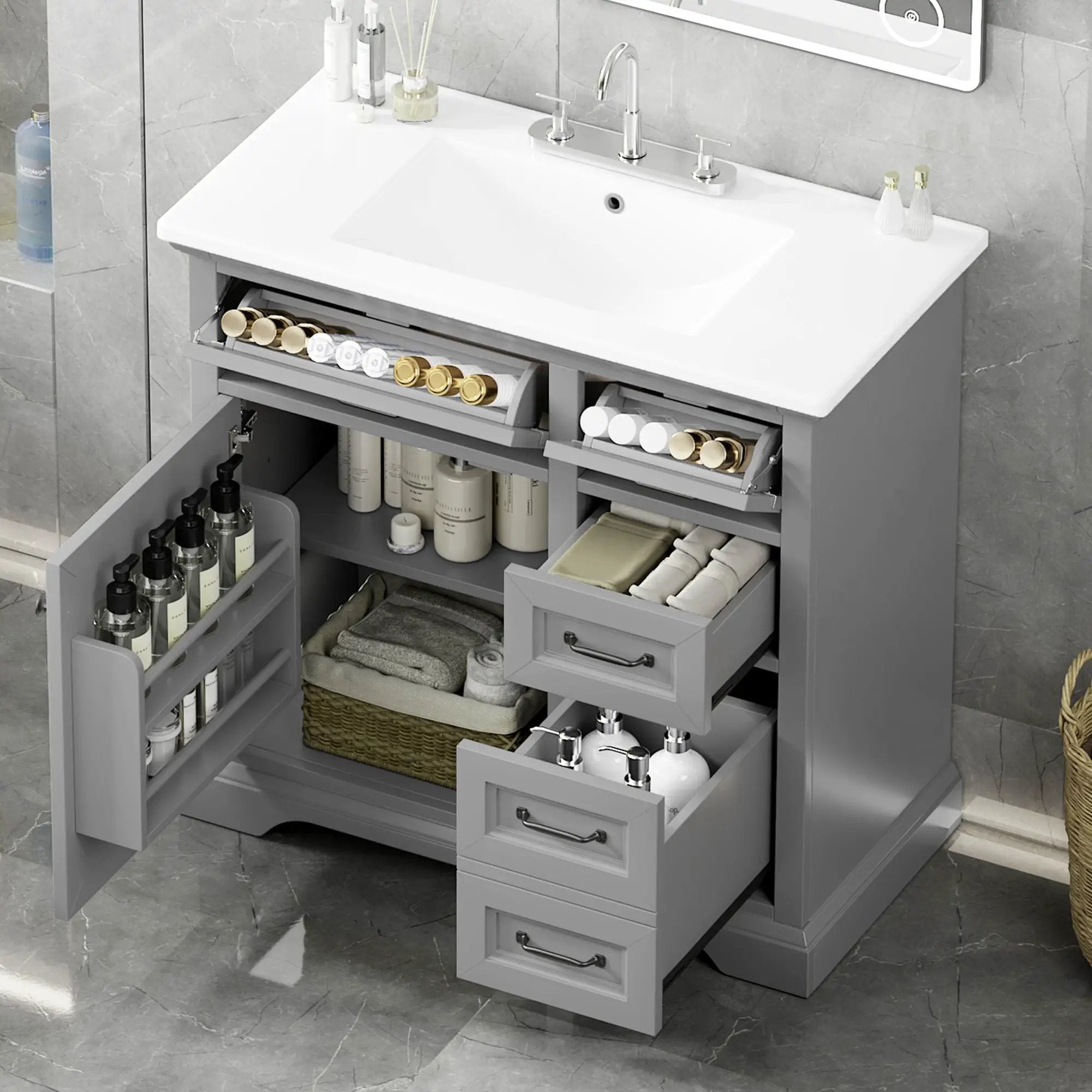 36" Bathroom Vanity With Sink, 2 Tip-Out Drawers, Soft Close Hinges by HouseOfZazla