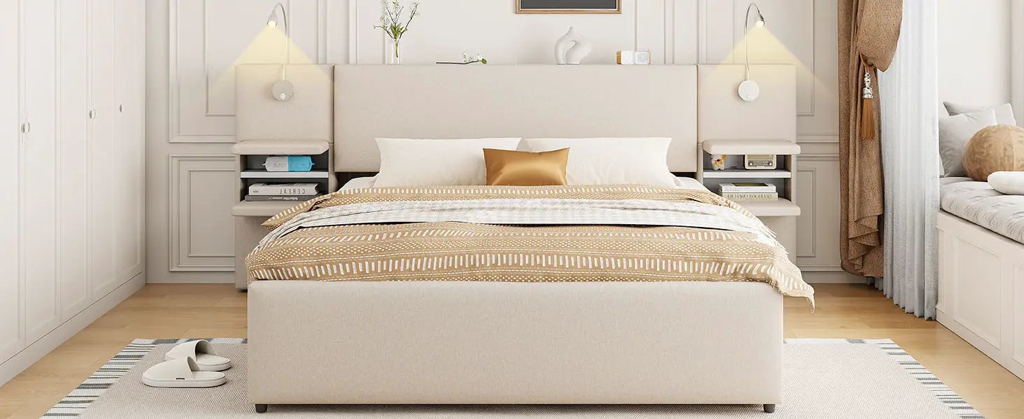 Upholstered Platform Bed With Reading Lights, Drawers, Trundle And Shelves by HouseOfZazla