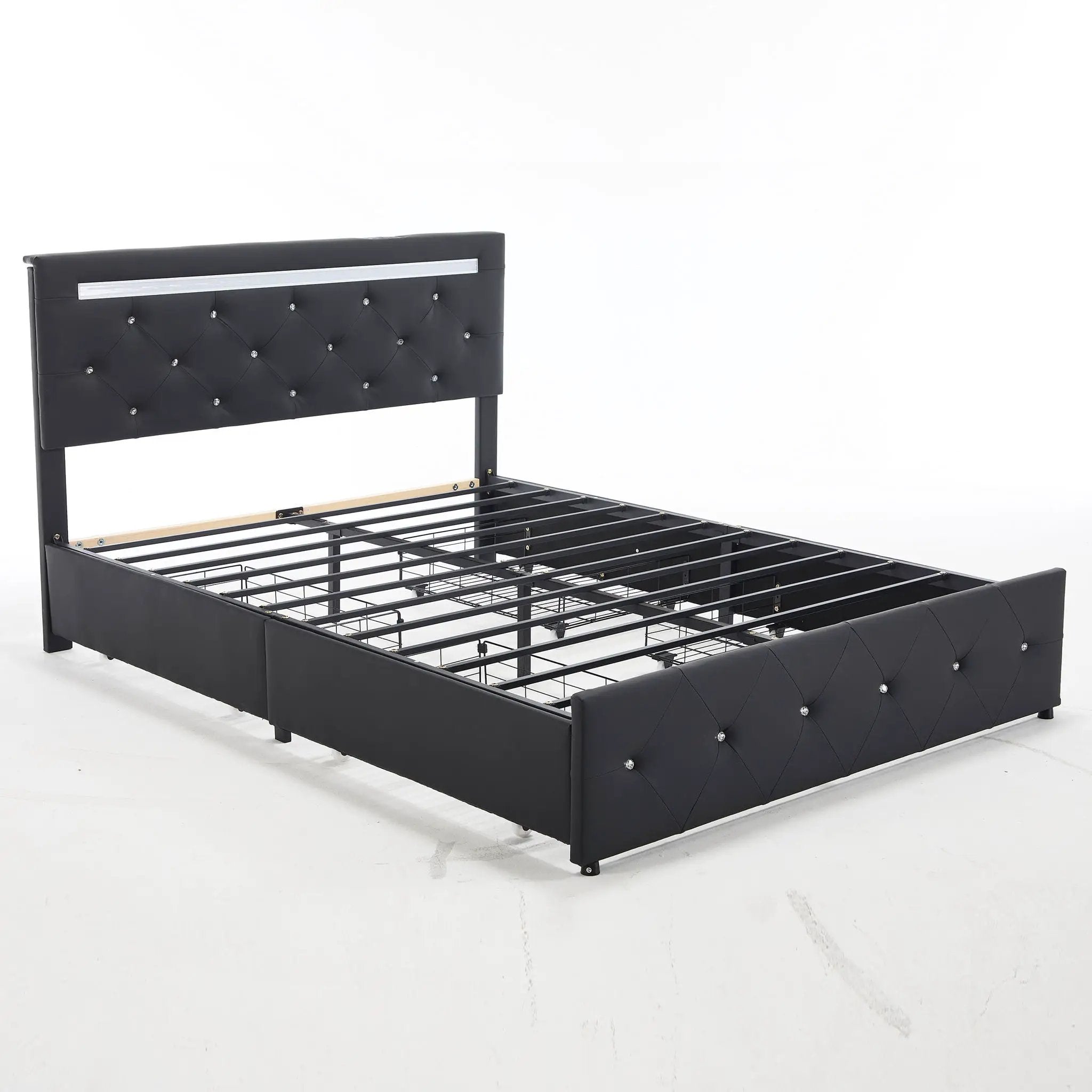 Upholstered Bed Frame With LED Lights, 4 Storage Drawers, Charging Station by HouseOfZazla