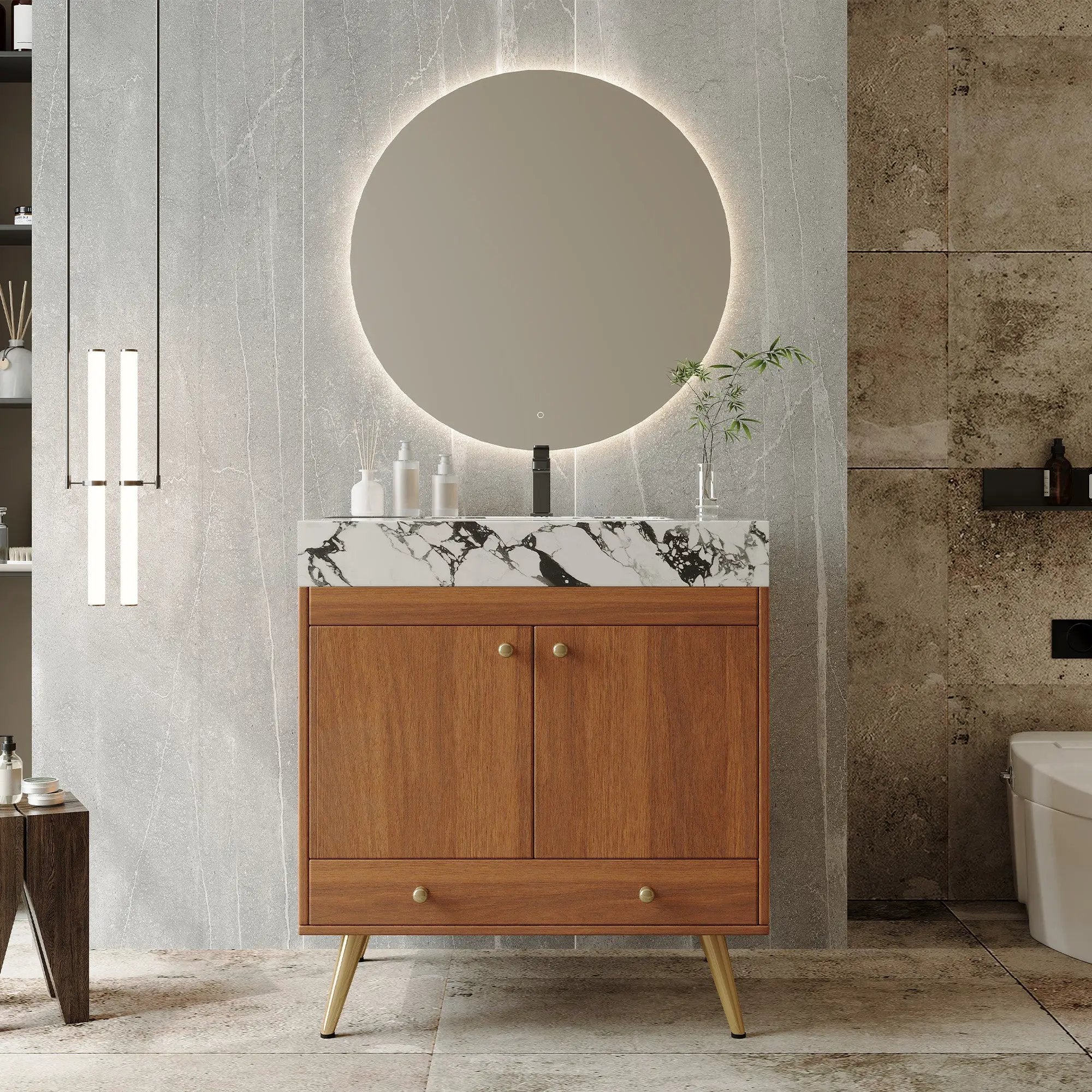 Mid-Century Free-Standing Bathroom Vanity with Faux Marble Top by HouseOfZazla