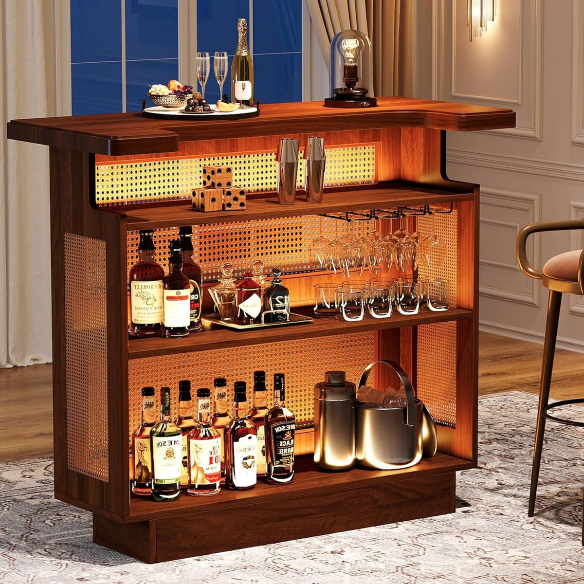 Farmhouse Rattan Bar Unit with Ample Storage - Caramel Brown, photo 9 of 10