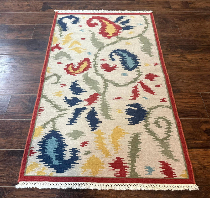 Indian Kilim Flatweave Rug 3x5, Abstract, Beige and Multicolor Flowers, Handmade by Jewel Rugs