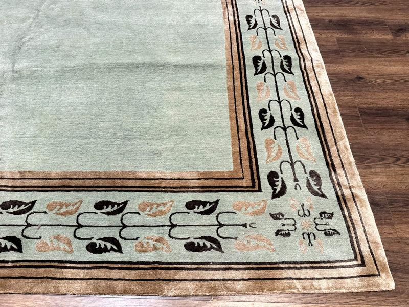 Palace Size Nepali Rug 9x18, Open Field, Light Mint Green, Wool Hand Knotted, Modern Contemporary by Jewel Rugs