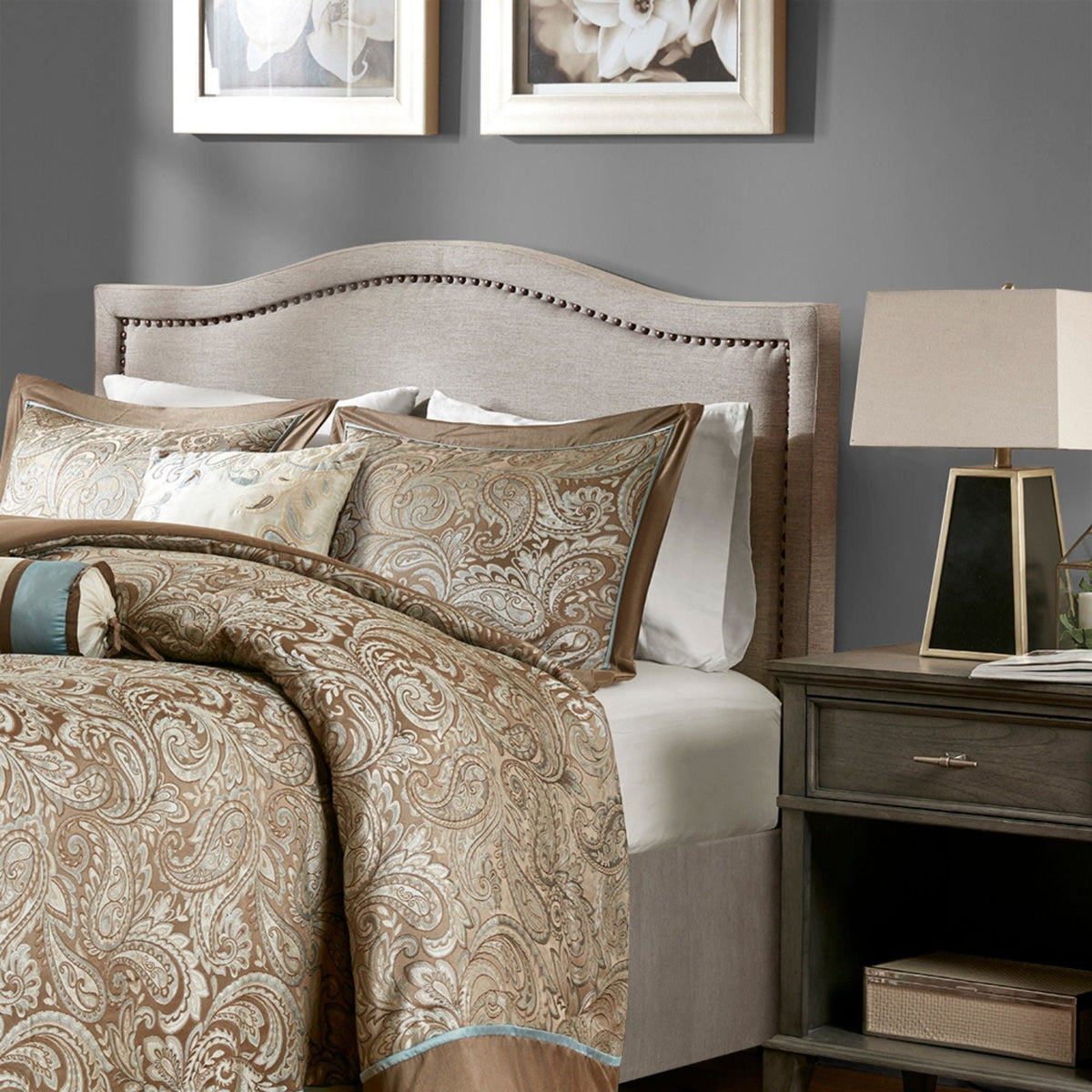 Light Brown Panel Upholstered Headboard with Copper Nailheads – Adjustable Metal Legs, photo 6 of 6