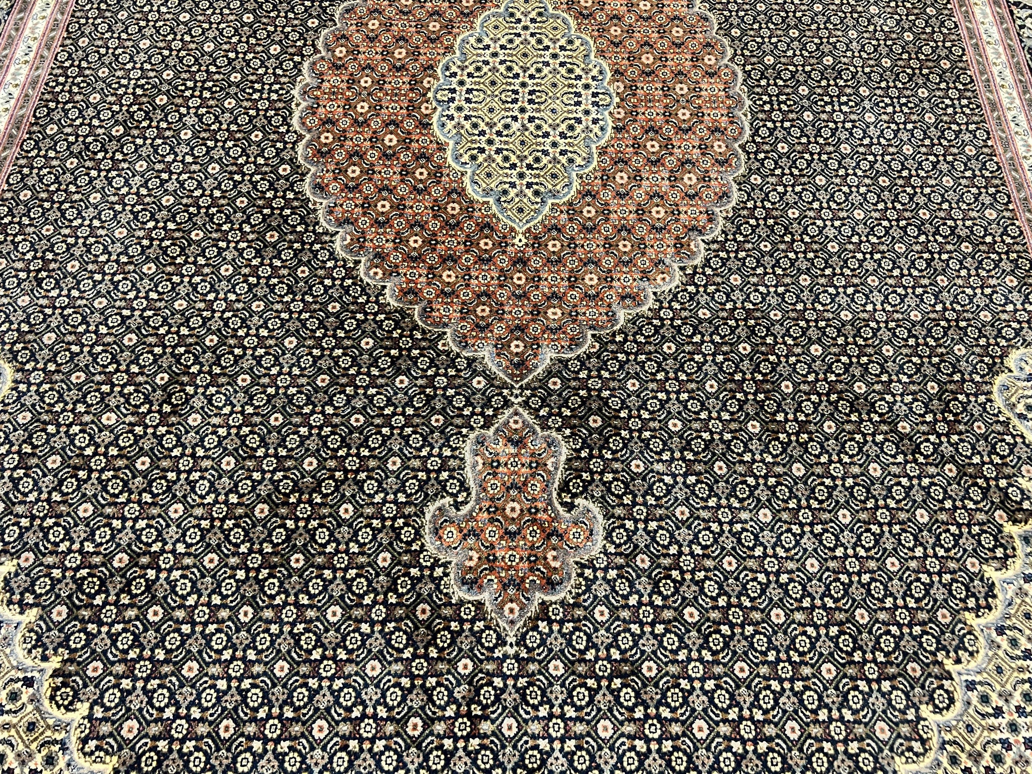 Persian Tabriz Rug 7x10, Very Fine 330 KPSI 50 Raj, Black and Beige, Handmade Wool Vintage Persian Carpet by Jewel Rugs