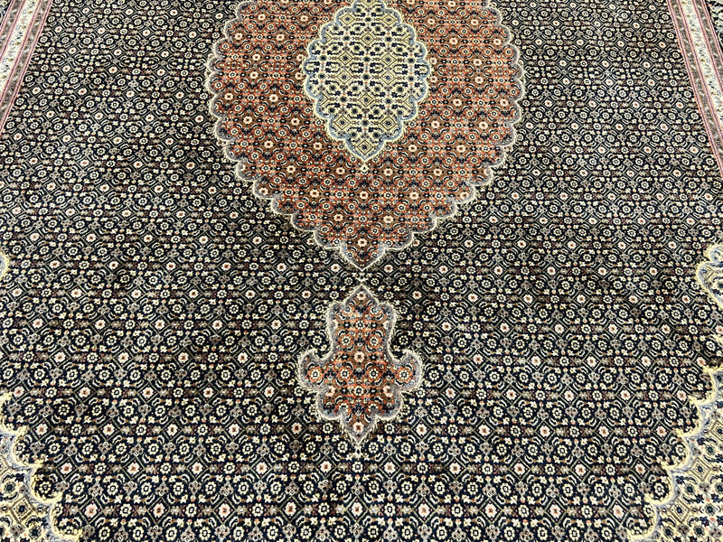 Persian Tabriz Rug 7x10, Very Fine 330 KPSI 50 Raj, Black and Beige, Handmade Wool Vintage Persian Carpet by Jewel Rugs