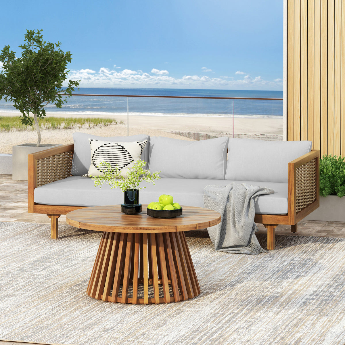 Wicker Patio Furniture Set with Weather-Resistant Rattan Sectional - Brown/Light Grey