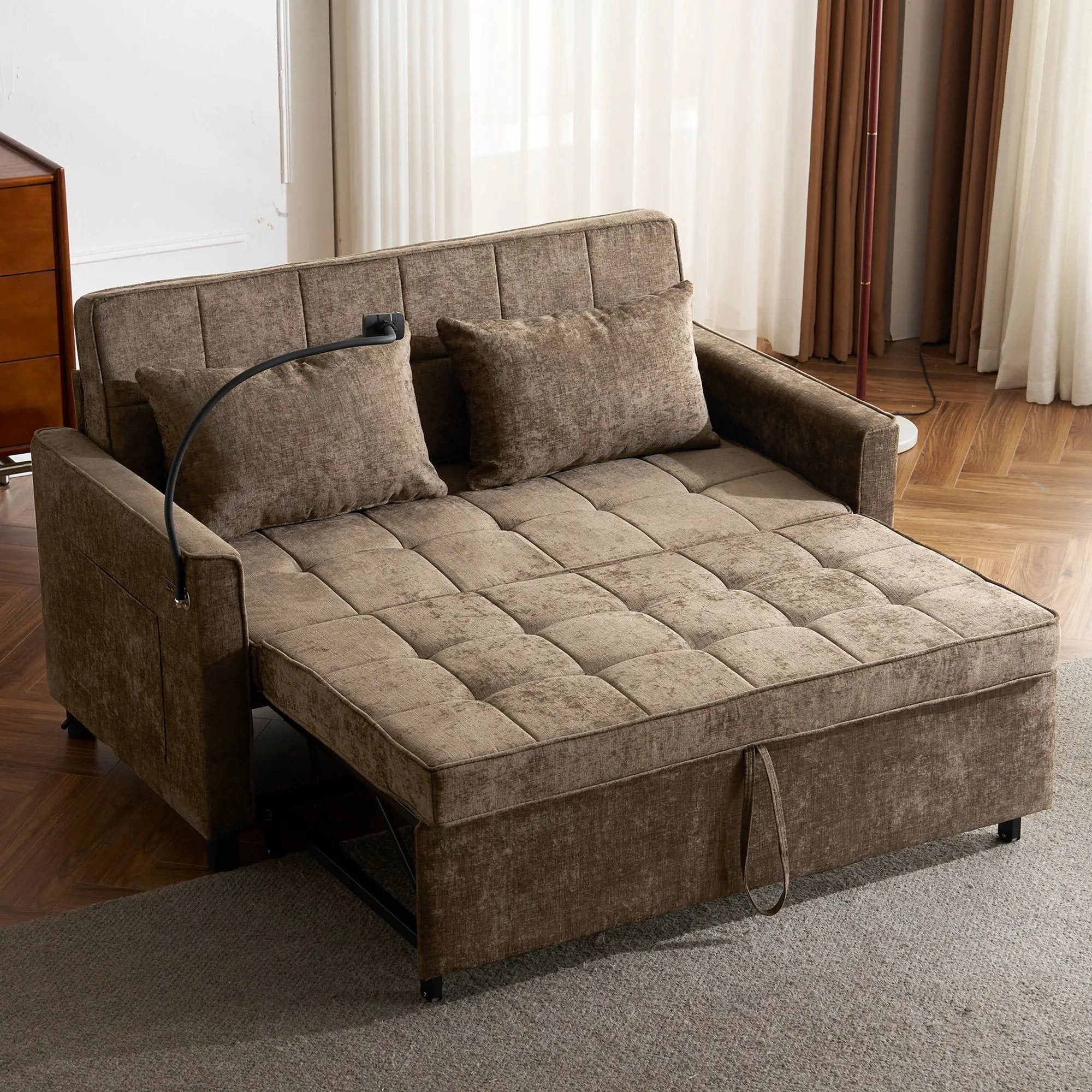 Pull-Out Sleeper Sofa With Reversible Backrest Cushion, Side Pockets, 2 USB Ports And A Phone Holder For Living Room by HouseOfZazla