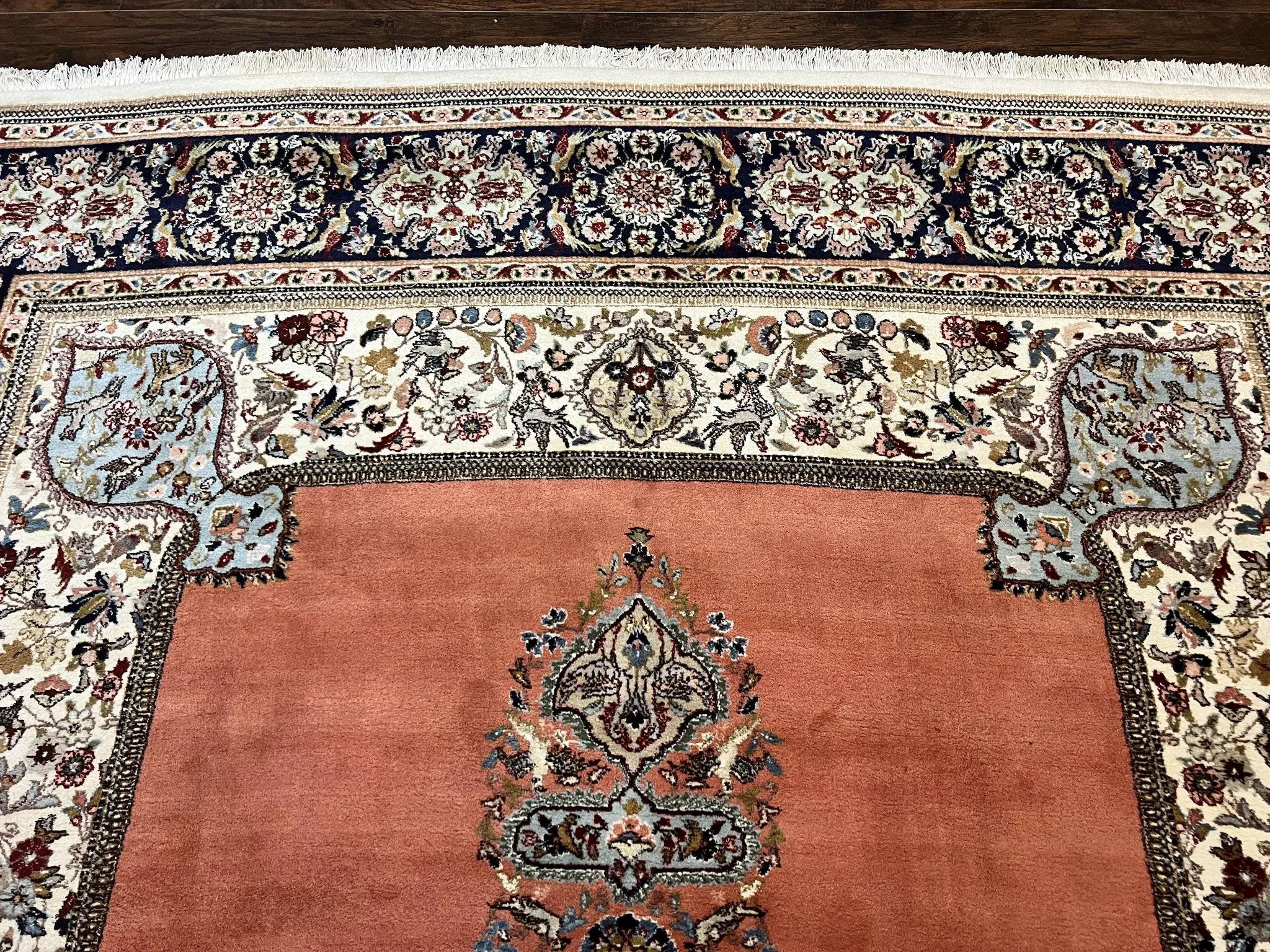 Persian Tabriz Rug 10x13, Wool Hand Knotted Vintage Carpet, Salmon Red & Ivory, Semi Open Field, Birds & Animal Motifs, Large Rug by Jewel Rugs