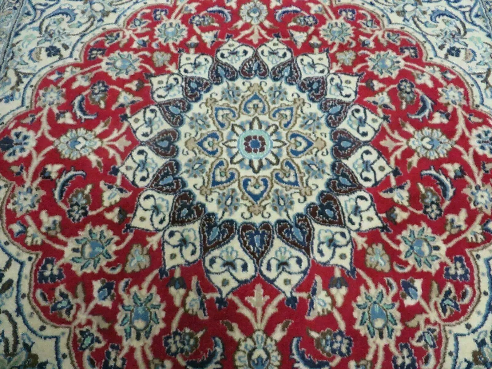 Square Persian Nain Rug 6'3" x 6' 8", Hand-Knotted, Wool with Silk Accents, Ivory Red Blue by Jewel Rugs