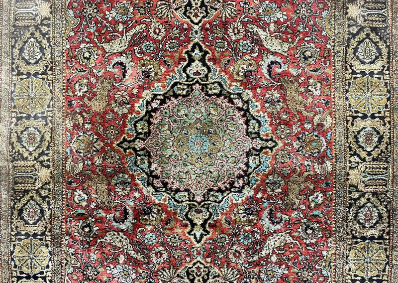 Persian Qum Silk Rug 3.8 x 5.6, Silk on Silk, Animal Pictorials, Fine 330 KPSI by Jewel Rugs