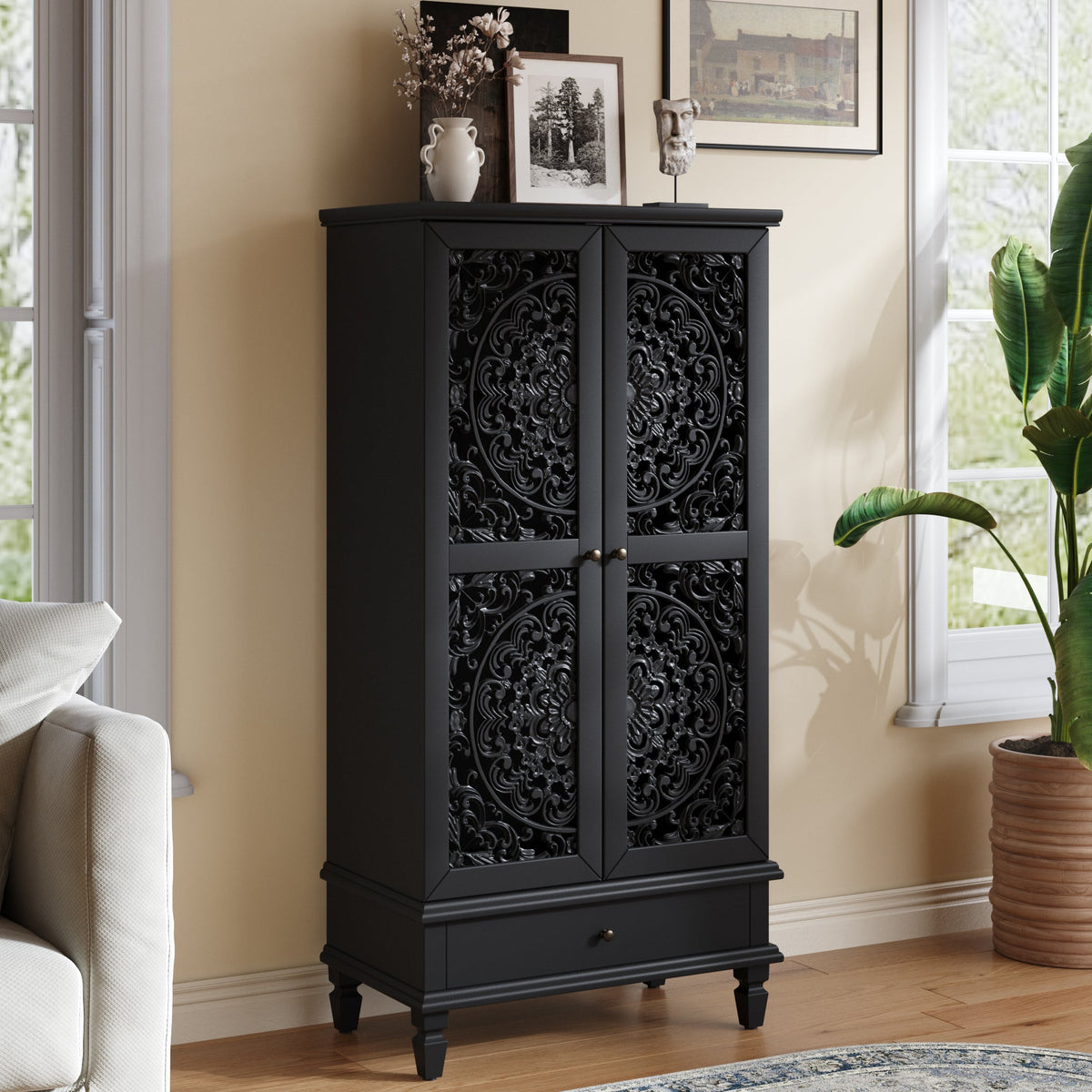 Rustic 55'' Tall Storage Cabinet with Drawer, Decorative 2-Door Carved Wood Accent Cabinet with Solid Wood Legs for Living Room, Hallway, Dining Room, photo 5 of 10