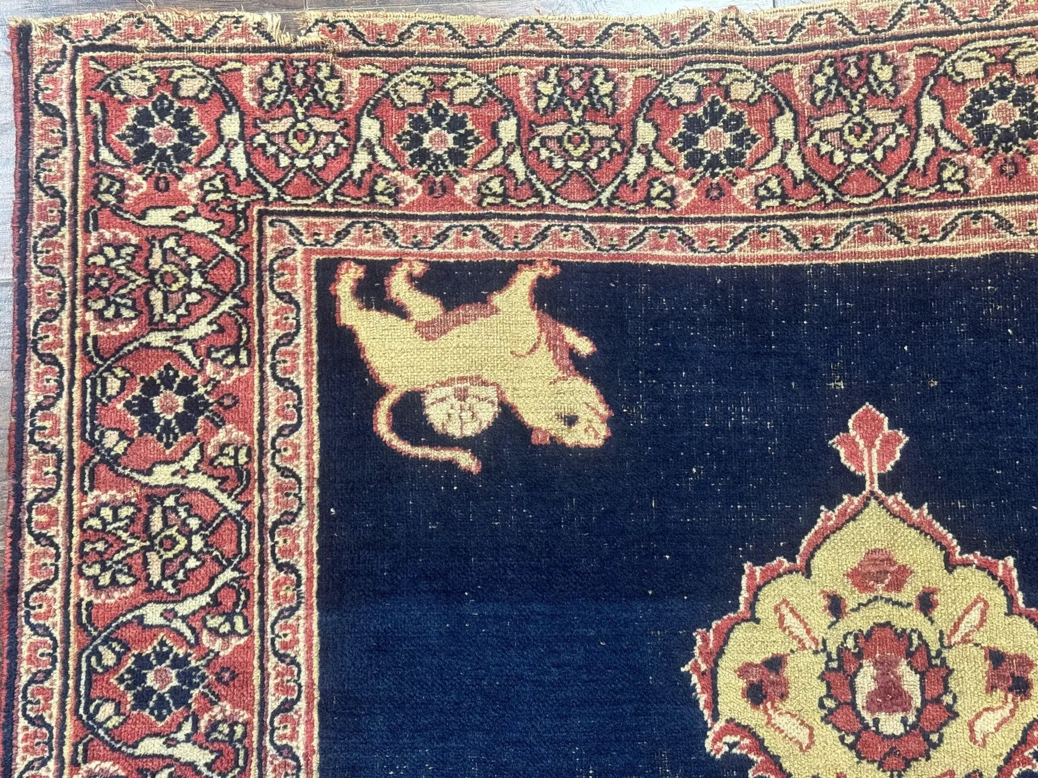 Antique Persian Mashad Rug 4x6, Semi Open Field, Navy Blue, Lion Pictorials, Triple Medallion, Dorokhsh Rug by Jewel Rugs