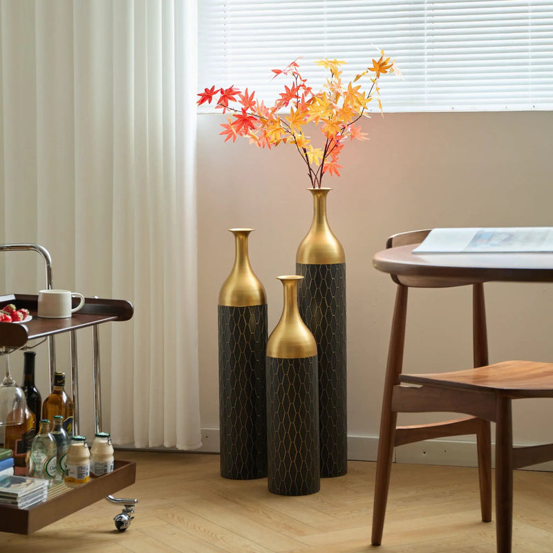 Elegant Floor Vase Set Metal Decorative Vases 3 Piece Set For Floral Display, Wedding & Gift Decor - Gold / Black by Unique Piece Furniture