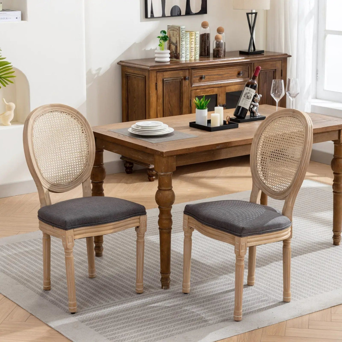 French Style Solid Wood Frame Antique Painting Fabric Rattan Back Dining Chair (Set of 2) by HouseOfZazla