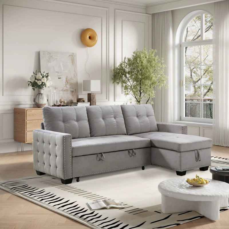Reversible Sectional Storage Sleeper Sofa Bed, L-Shape 2 Seat Sectional Chaise With Storage, Skin-Feeling Fabric by HouseOfZazla