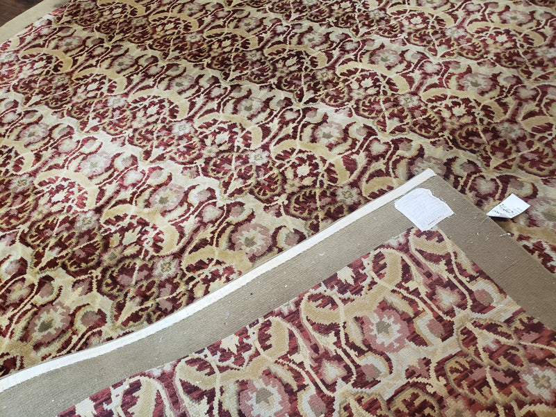 Contemporary Indian Nepalese Room Sized Rug 9 x 11.6, Wool Hand-Knotted Dark Red & Beige Soft Carpet, 9 x 12 Masterloom Living Room Rug by Jewel Rugs