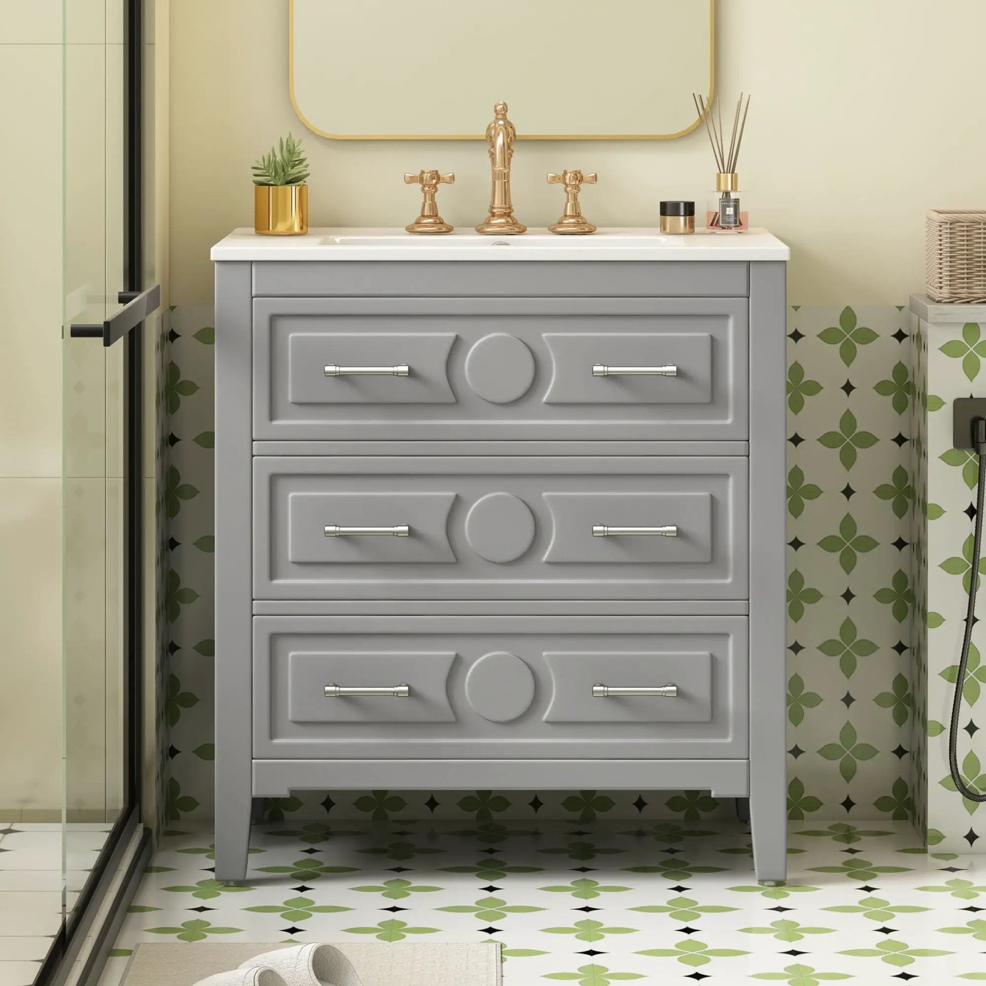 Retro Bathroom Vanity With Sink Combo, Free Standing Single Set With 3 Drawers by Unique Piece Furniture