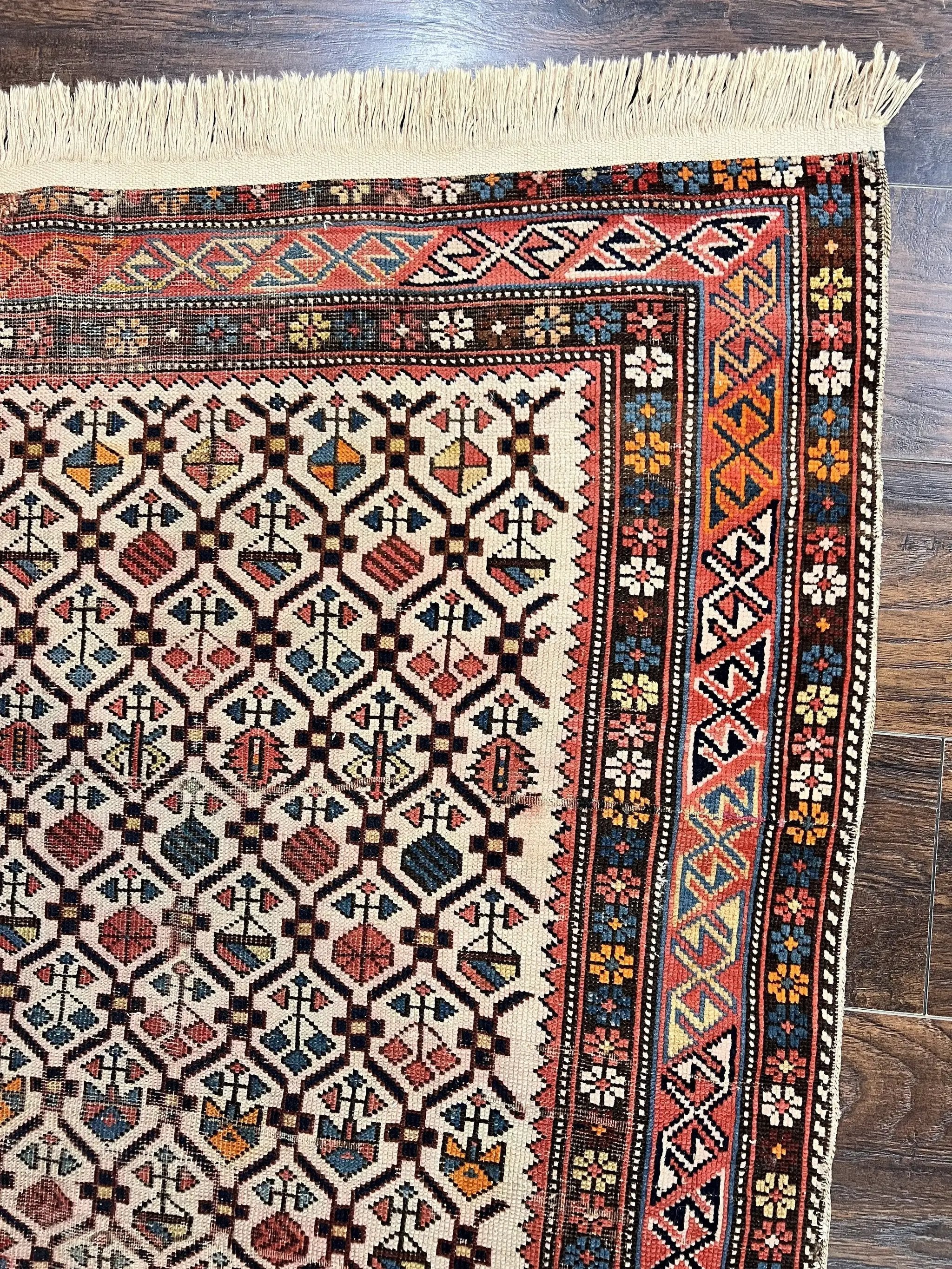 Antique Caucasian Rug 4x5, Hand Knotted Handmade Shirvan Oriental Carpet, Ivory Red Rug Allover Pattern, Rare Wool Rug, Tribal Geometric Rug by Jewel Rugs