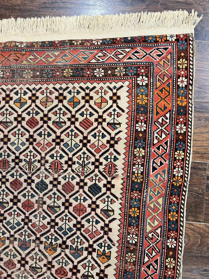 Antique Caucasian Rug 4x5, Hand Knotted Handmade Shirvan Oriental Carpet, Ivory Red Rug Allover Pattern, Rare Wool Rug, Tribal Geometric Rug by Jewel Rugs