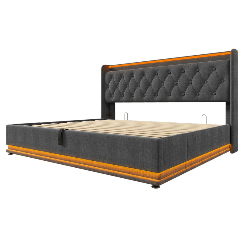 Upholstered Bed, 360 Surround LED Function, Remote Control, Hydraulic Storage Bed With USB, Type-C Charging (Without Mattress) by HouseOfZazla