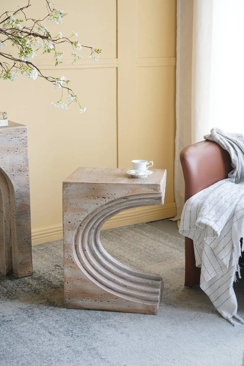 16.3x12.2x22.6 Modern Sculptural Arched Side Table with Faux Travertine Finish by HouseOfZazla