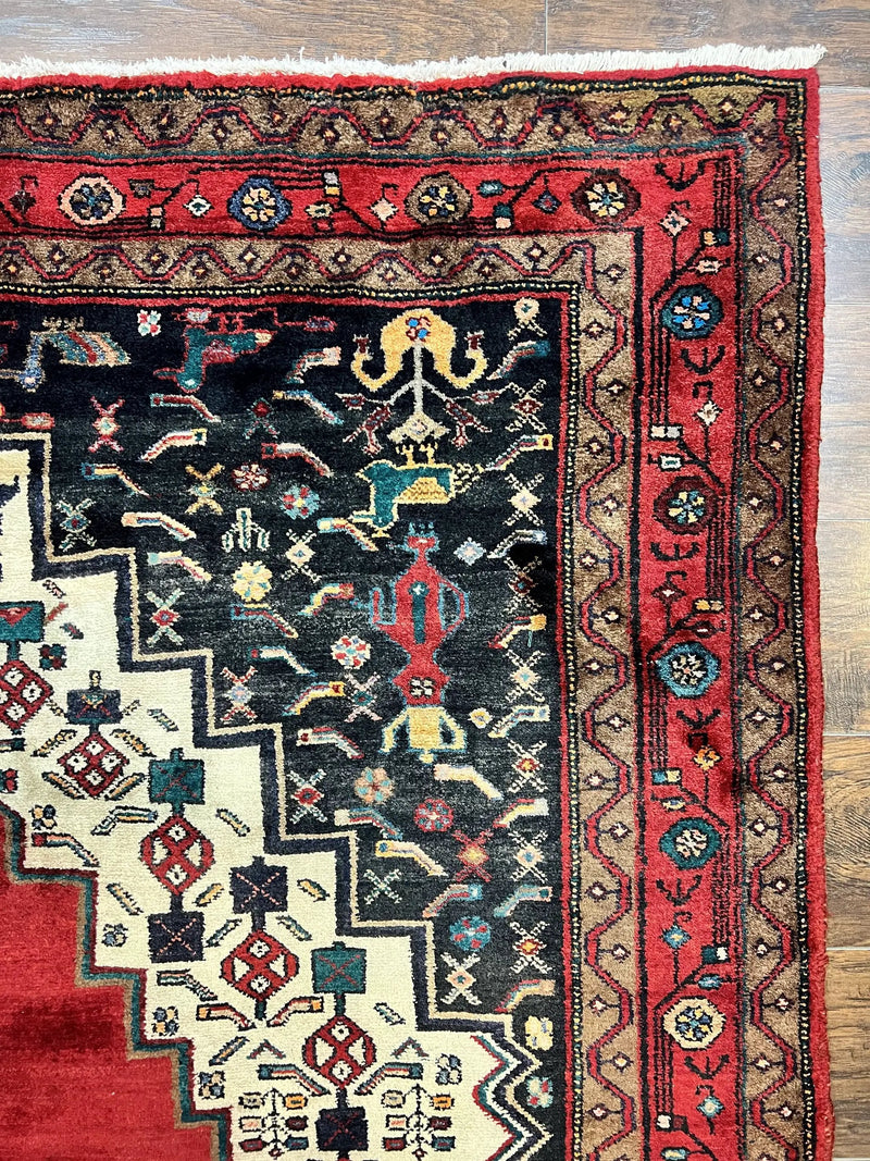 Persian Rug 5x12 ft, Red Cream Navy Blue, Pictorials, Hand Knotted Handmade Wide Runner Tribal Bidjar Semi Antique Wool Geometric Oriental Rug by Jewel Rugs