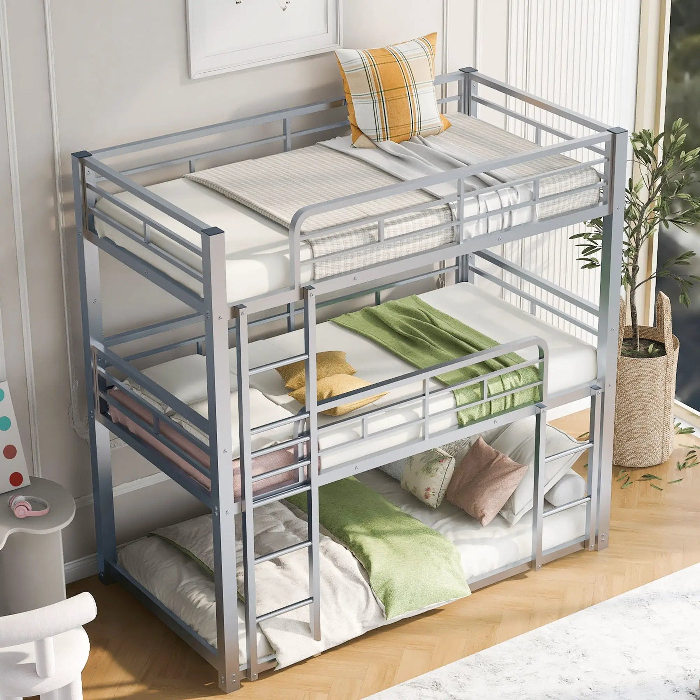 Triple Bunk Bed With Sturdy Construction And Space Saving Design by HouseOfZazla