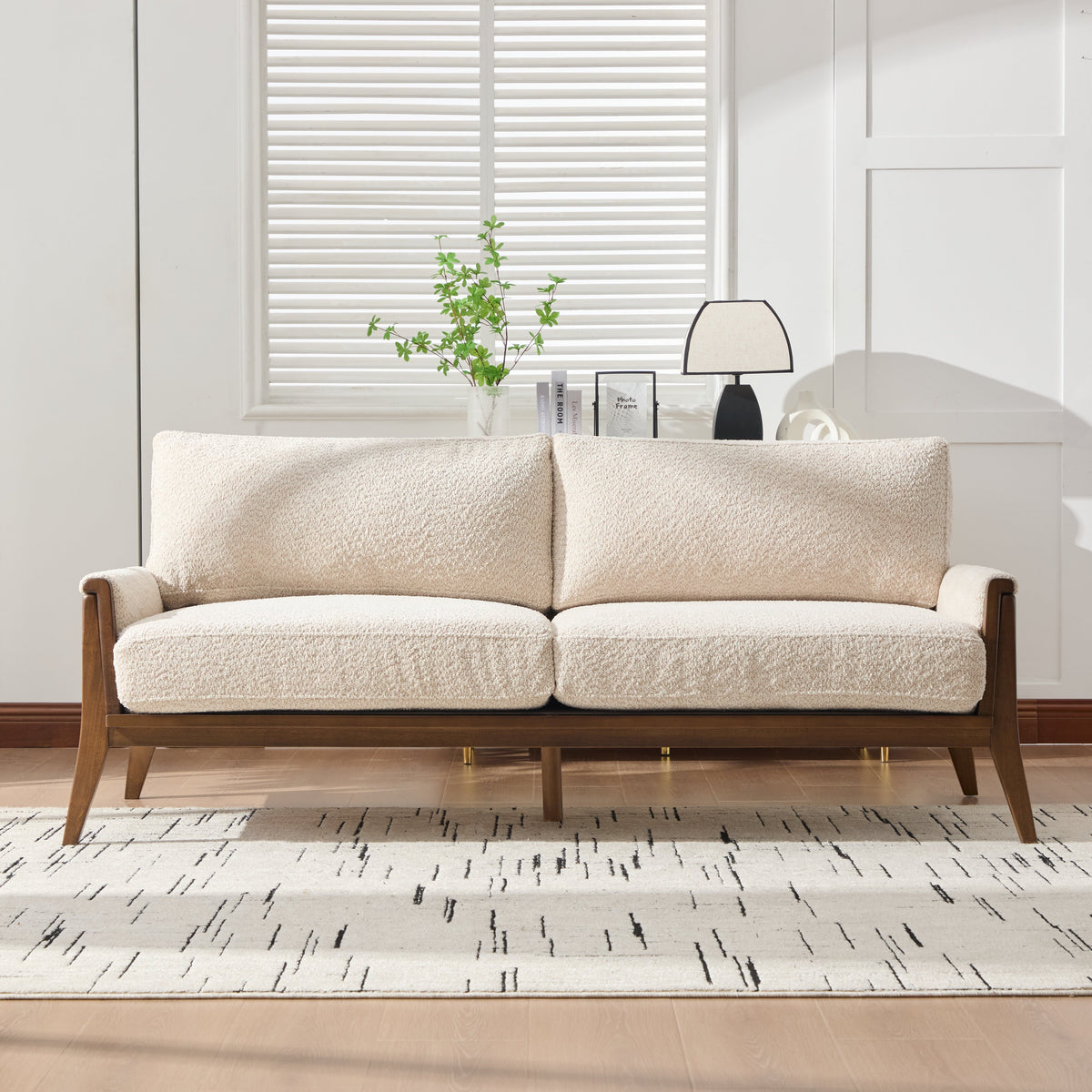 Mid-Century Modern Boucle Fabric Sofa with Solid Wood Frame, photo 2 of 10