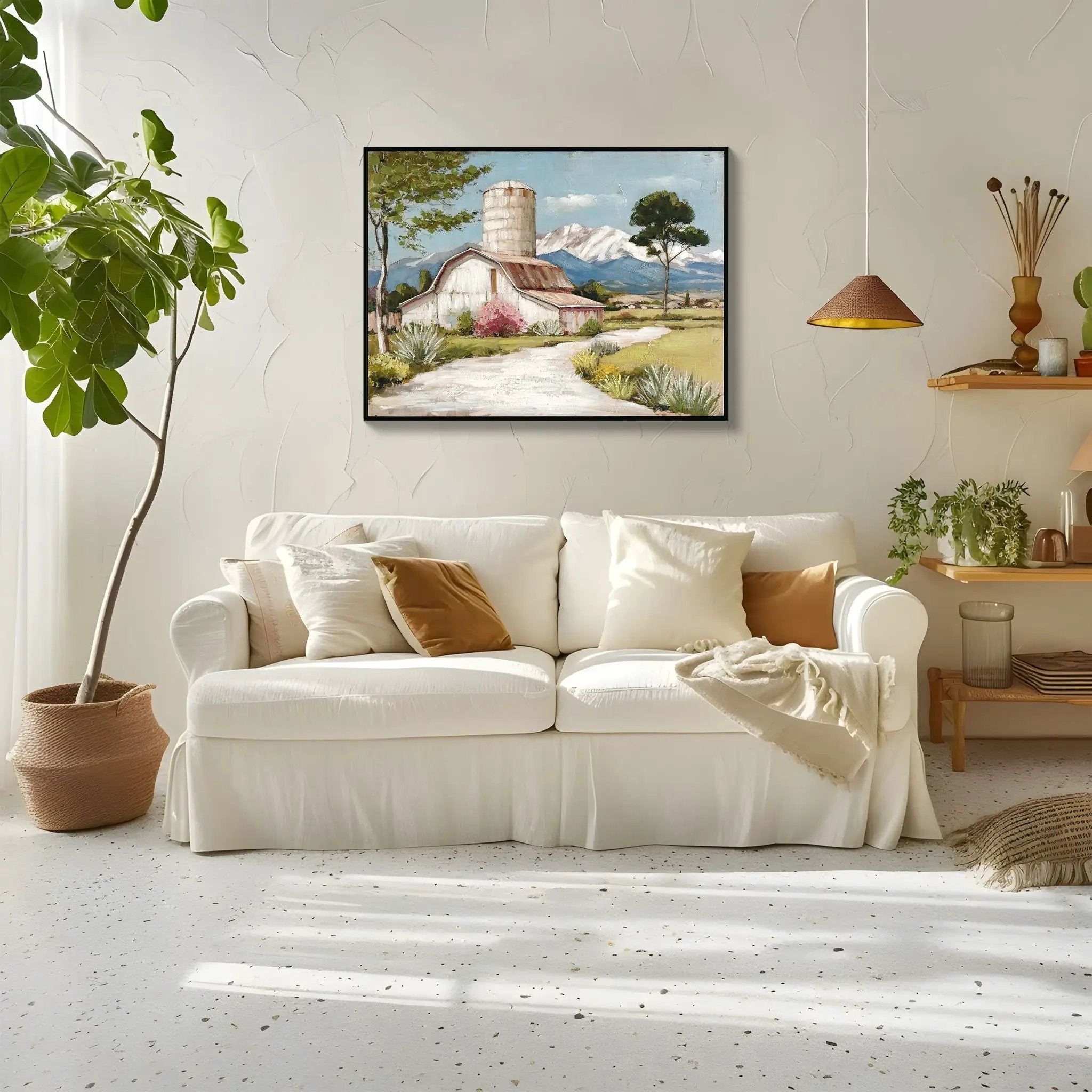 Framed Canvas Wall Art Beautiful Field Painting Wildflower Barn Print Nature Scenery Picture For Home - Blue / Pink by Unique Piece Furniture