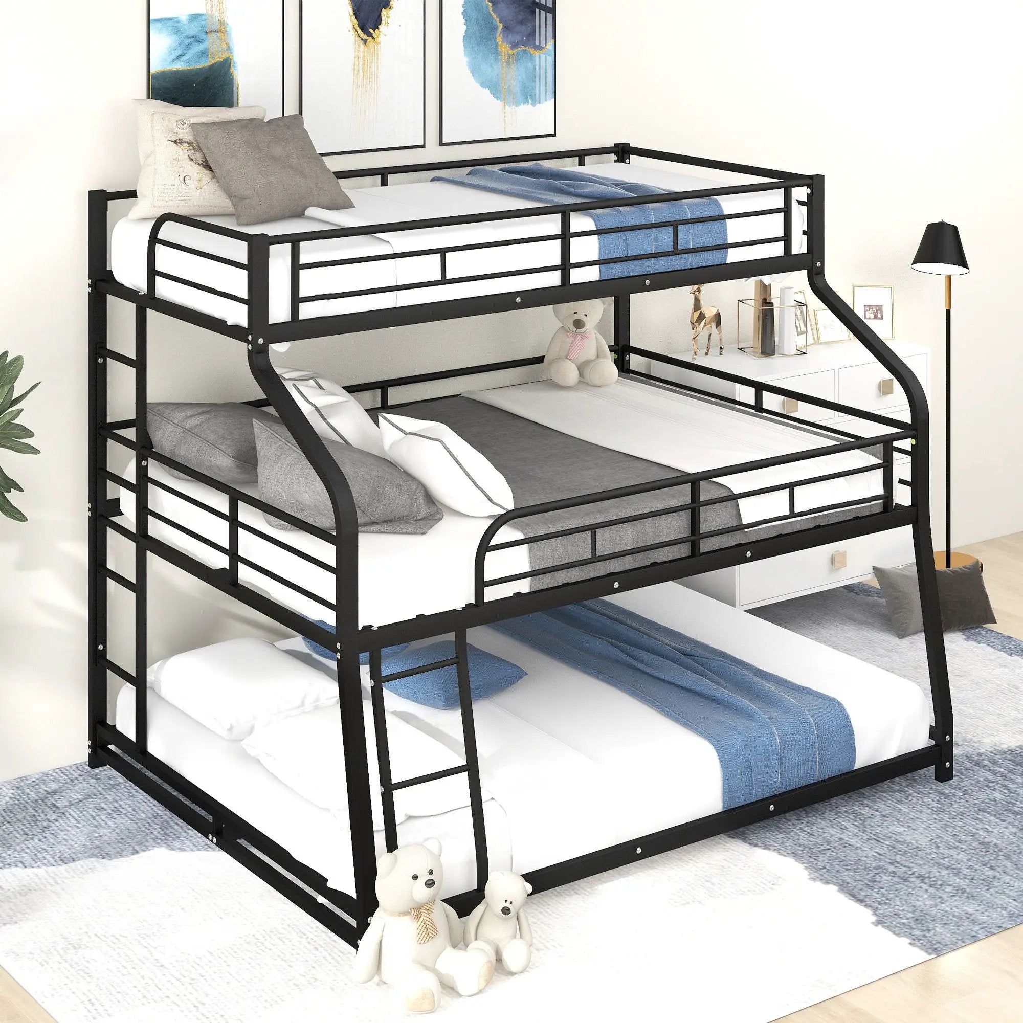 Twin Long / Full Long / Queen Triple Bunk Bed With Long And Short Ladder And Full-Length Guardrails - Black by Unique Piece Furniture