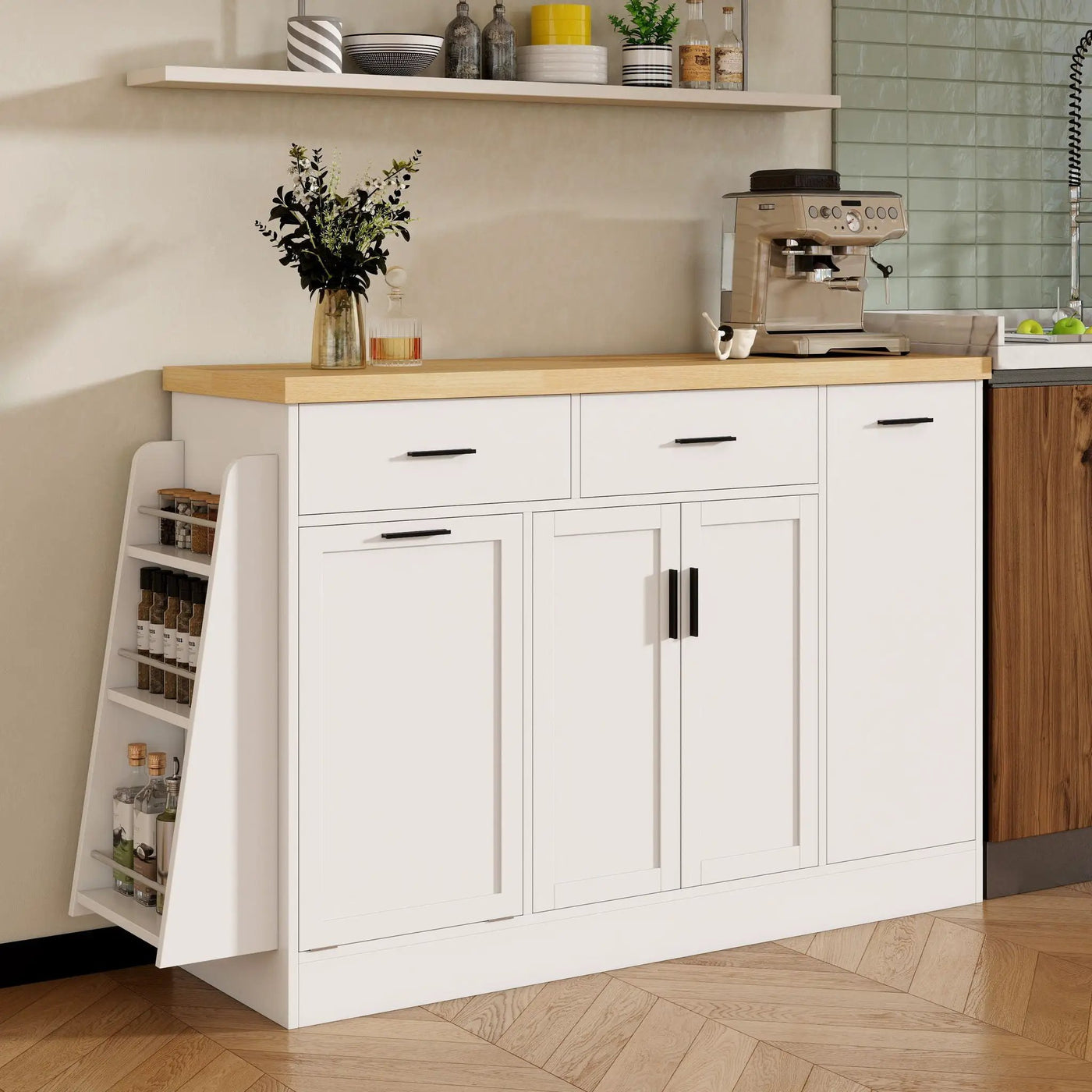 Kitchen Sideboard With Sliding Door Cabinet, 3 Tier Spice Rack by HouseOfZazla