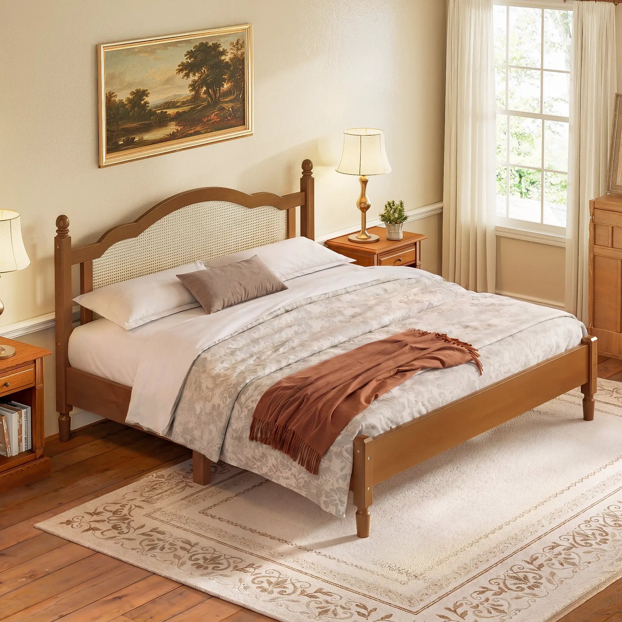 King Size Wooden Platform Bed with Rattan Headboard by HouseOfZazla