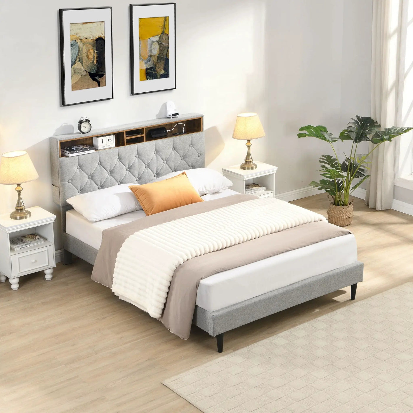 Modern Upholstered Platform Bed Frame With Button Tufted Headboard And USB Ports by HouseOfZazla
