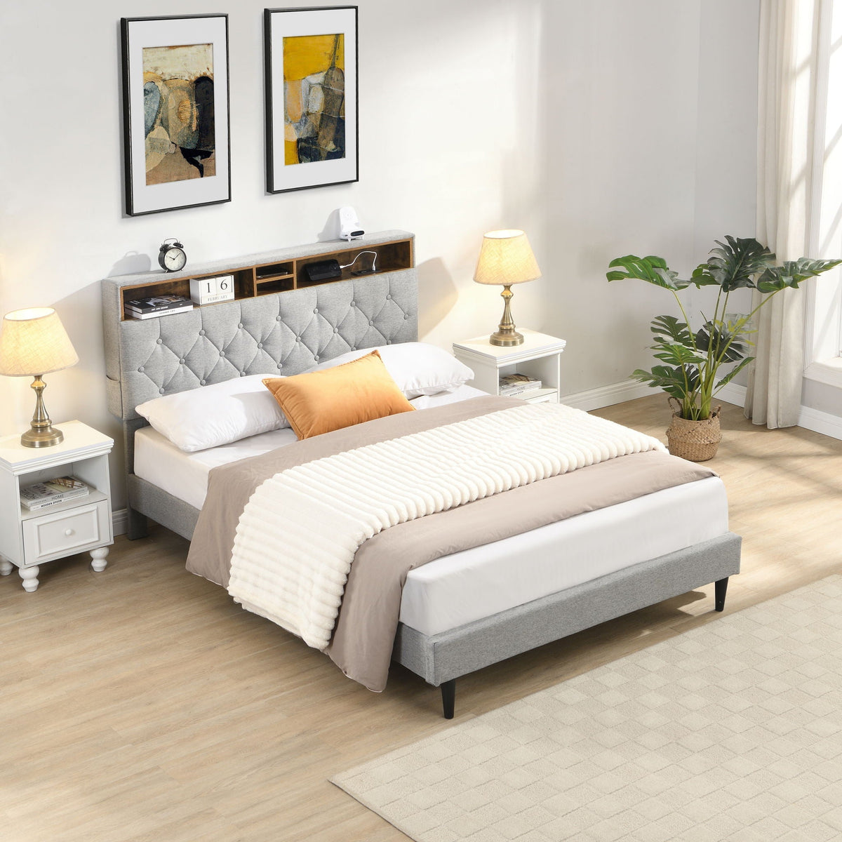 Modern Upholstered Platform Bed Frame with USB Ports - Gray or Dark Gray, photo 9 of 10