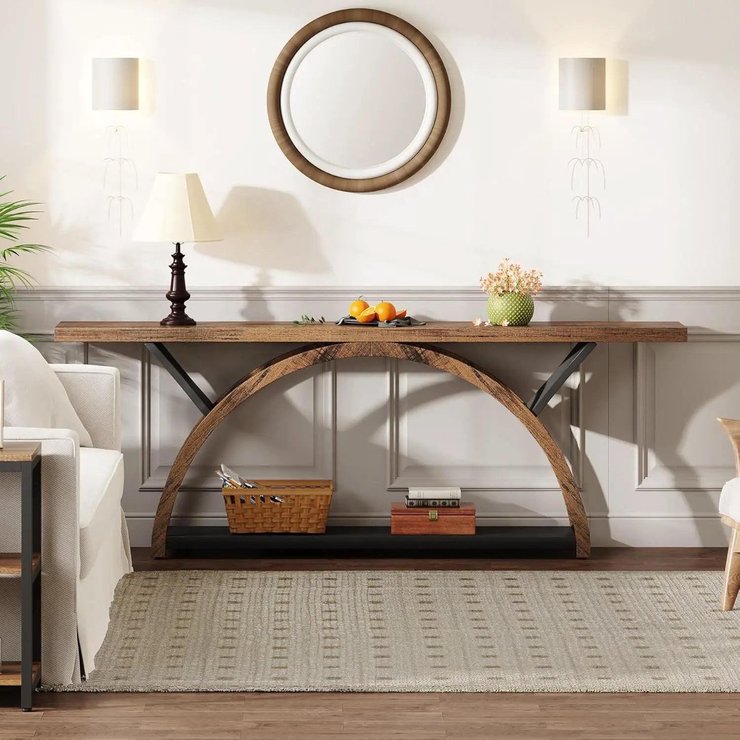 Console Table With 2 Tier Storage And Half Moon Frame For Hallway - Brown / Black by HouseOfZazla