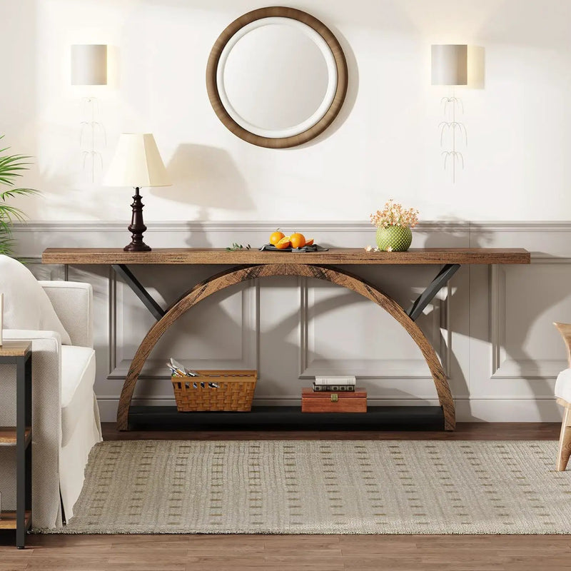 Console Table With 2 Tier Storage And Half Moon Frame For Hallway - Brown / Black by HouseOfZazla