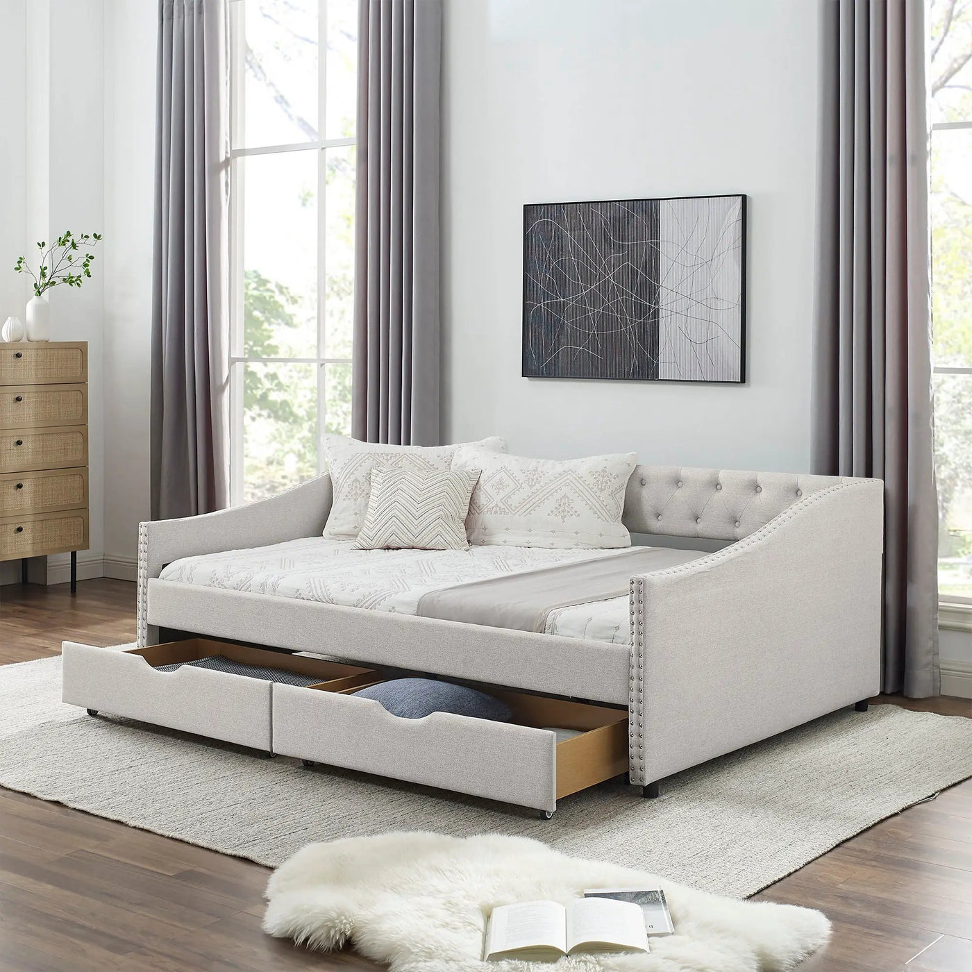 Upholstered Tufted Daybed With Drawers, Waved Arms by HouseOfZazla