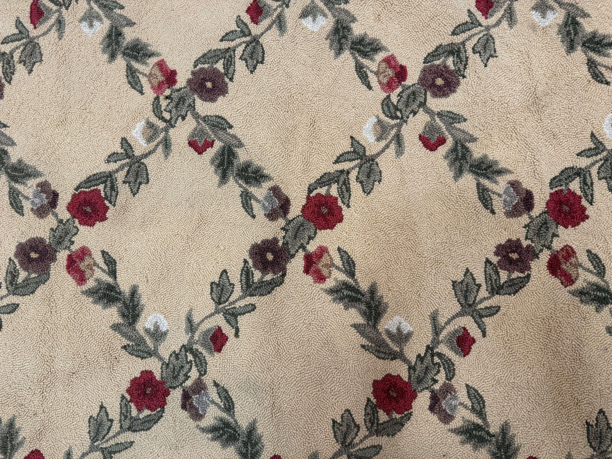 Vintage Hooked Rug 7x9, Rosters in Border, Roses and Butterflies by Jewel Rugs