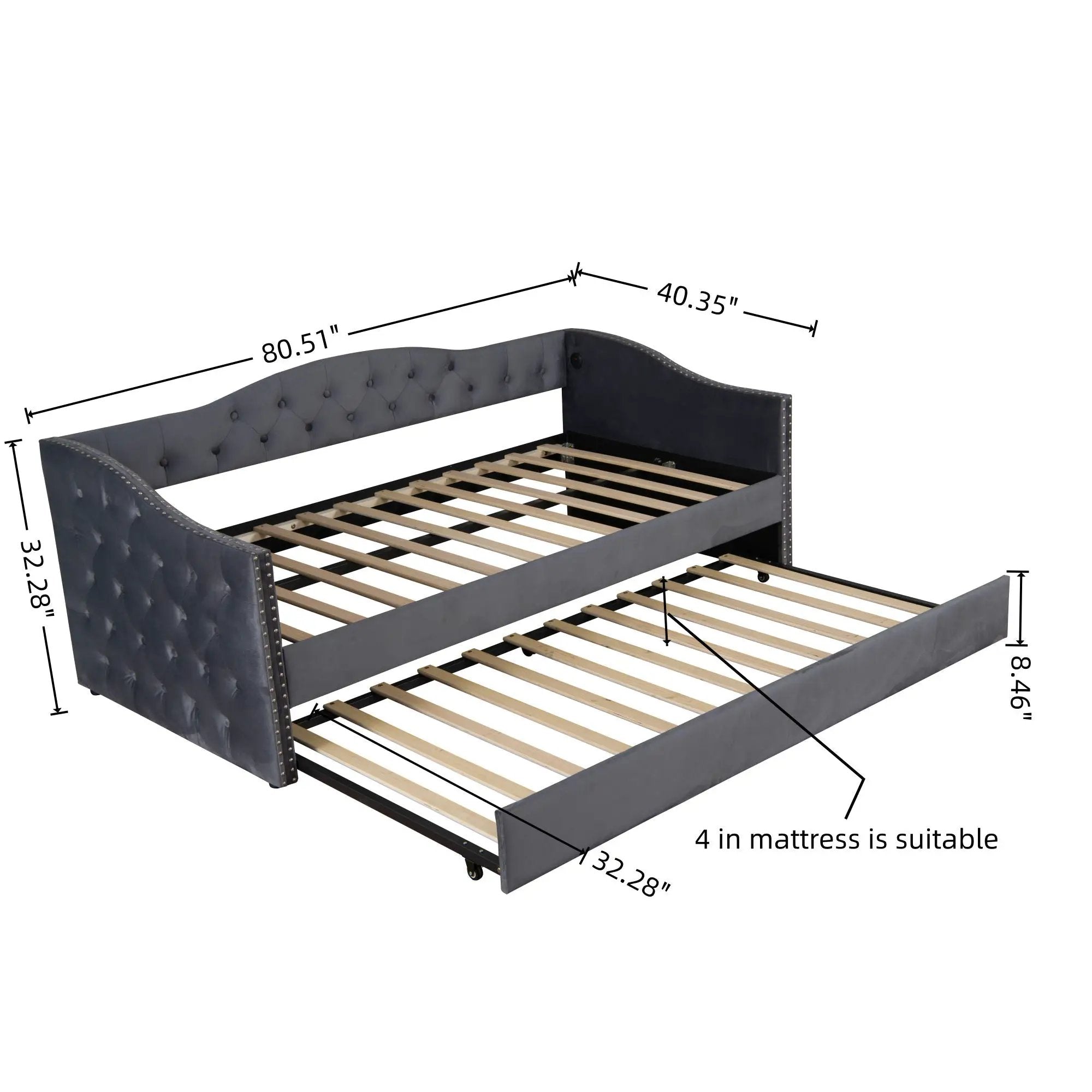 Twin Size Upholstered Daybed With Trundle And USB Charging Design For Bedroom - Gray by Unique Piece Furniture