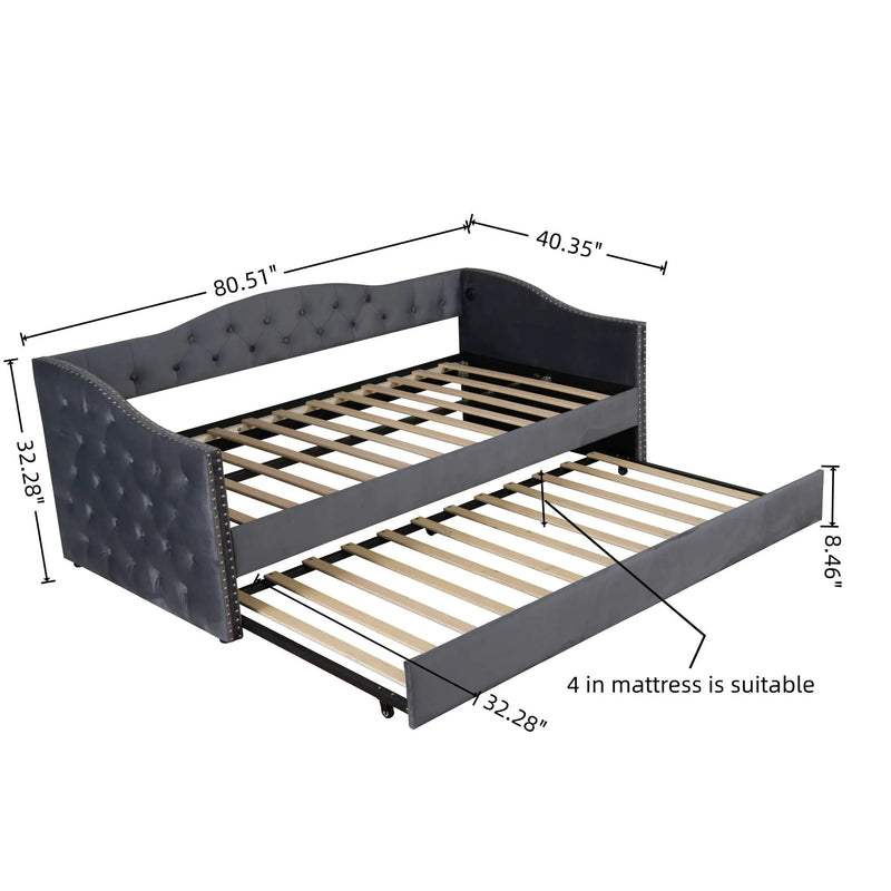 Twin Size Upholstered Daybed With Trundle And USB Charging Design For Bedroom - Gray by Unique Piece Furniture