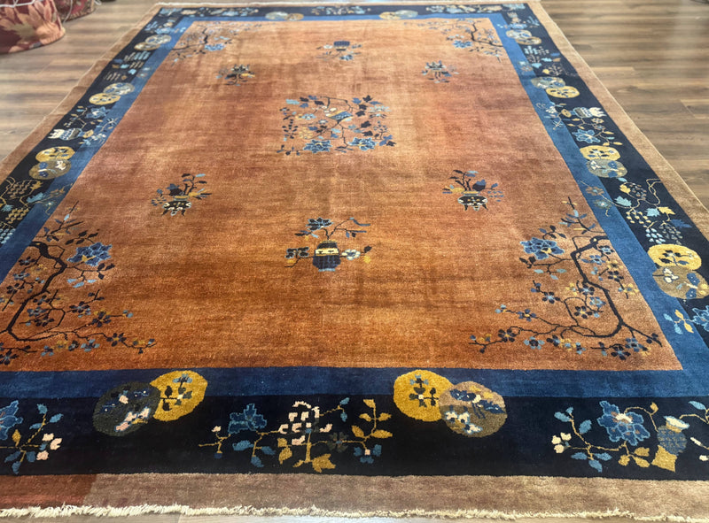 Antique Chinese Wool Rug 9x12, Light Brown and Navy Blue, Fete Peking Art Deco by Jewel Rugs