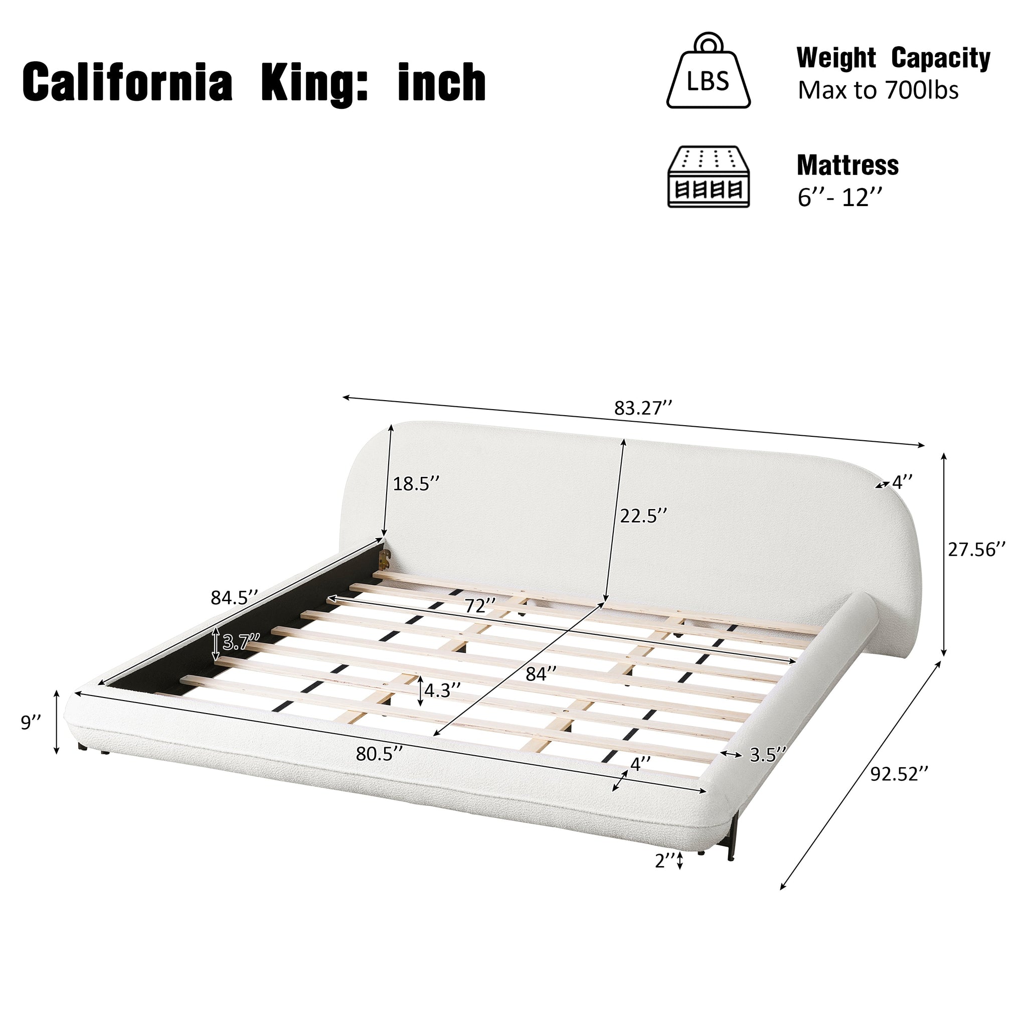California King Size Bed Frame with Boucle Fabric and Thick Headboard by HouseOfZazla
