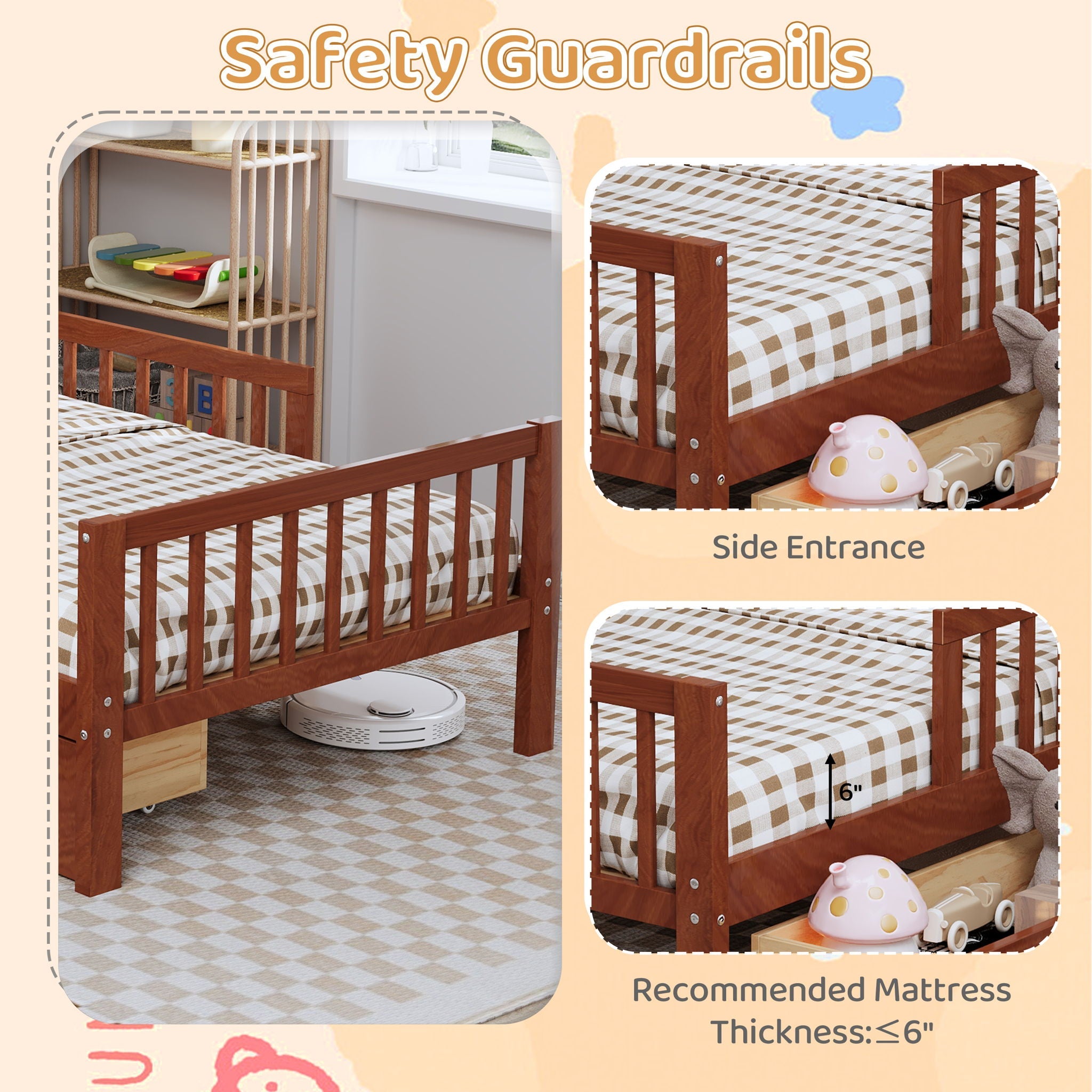 Bed With Headboard Storage Rack, 2 Under Bed Drawers, 3 Side Guardrails For Safety by HouseOfZazla