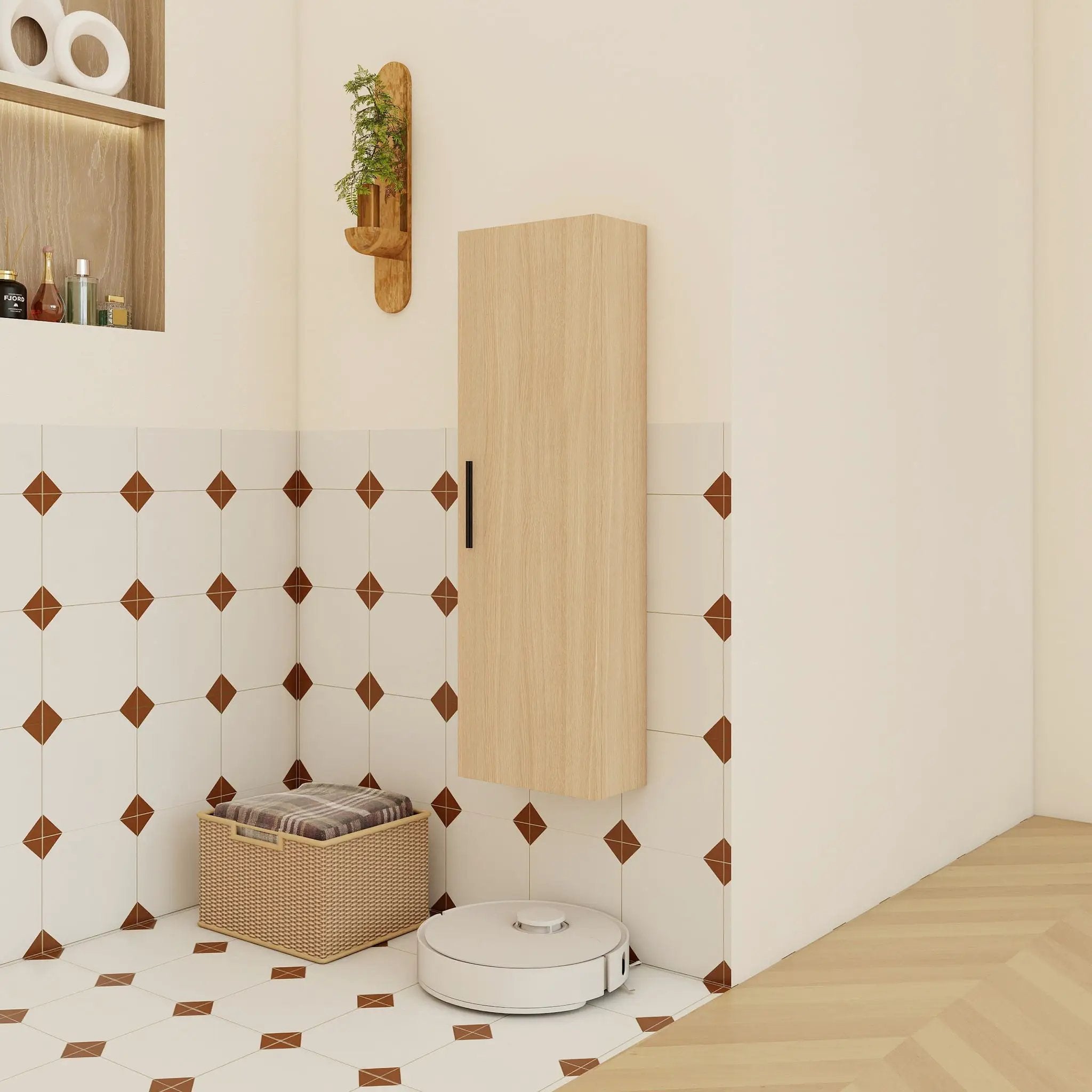 Tall Floating Bathroom Side Cabinet, Wall Mounted Single Door Storage - Light Oak by HouseOfZazla